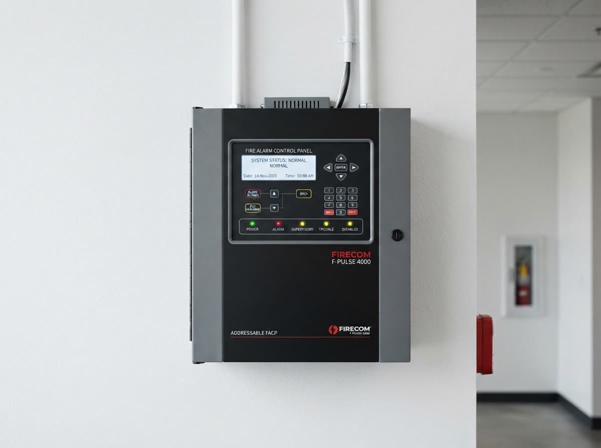 Addressable fire alarm control panel mounted on a wall