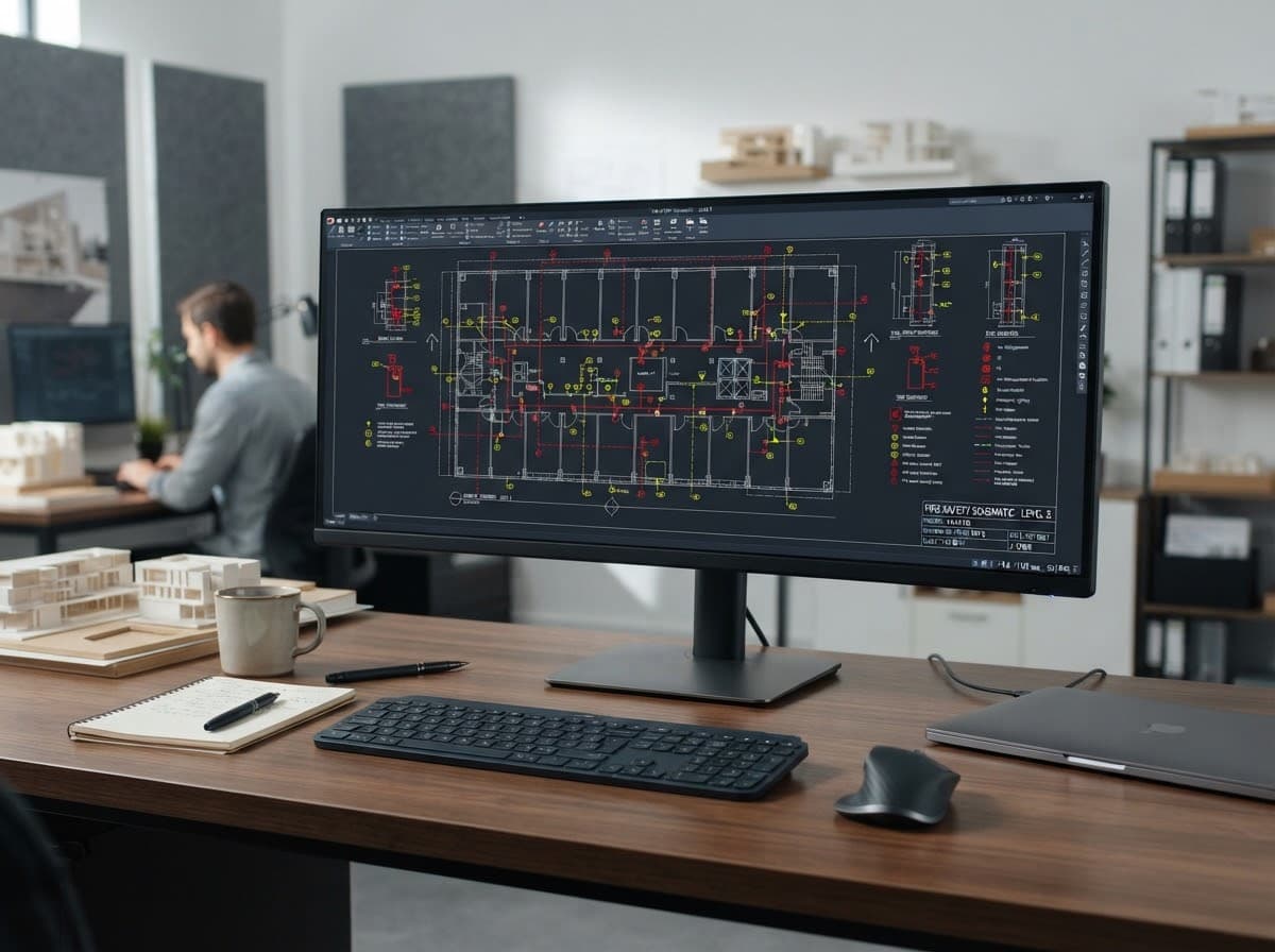 Engineer reviewing a fire system CAD layout on a widescreen monitor